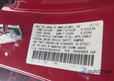 2016 Honda Accord Sport из США, поврежденный, VIN 1HGCR2F5XGA096548